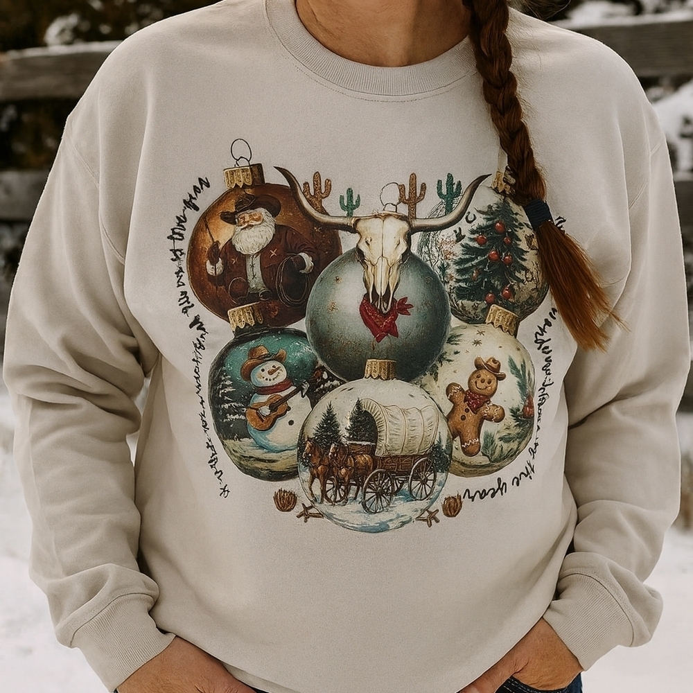 Western Christmas Long Sleeve Shirt – Bull Skull Holiday Tee – Rustic Country